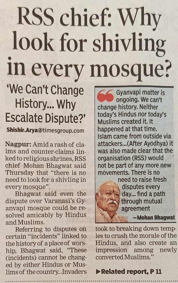 sardesairajdeep's tweet photo. ‘Why look for a shivling in every mosque?’ RSS chief Mohan Bhagwat brings some much needed common sense to a noisy polarised debate. Qs is: will his followers (and some in the media too) also put sense above sensation? https://t.co/h2Xm13hpwK