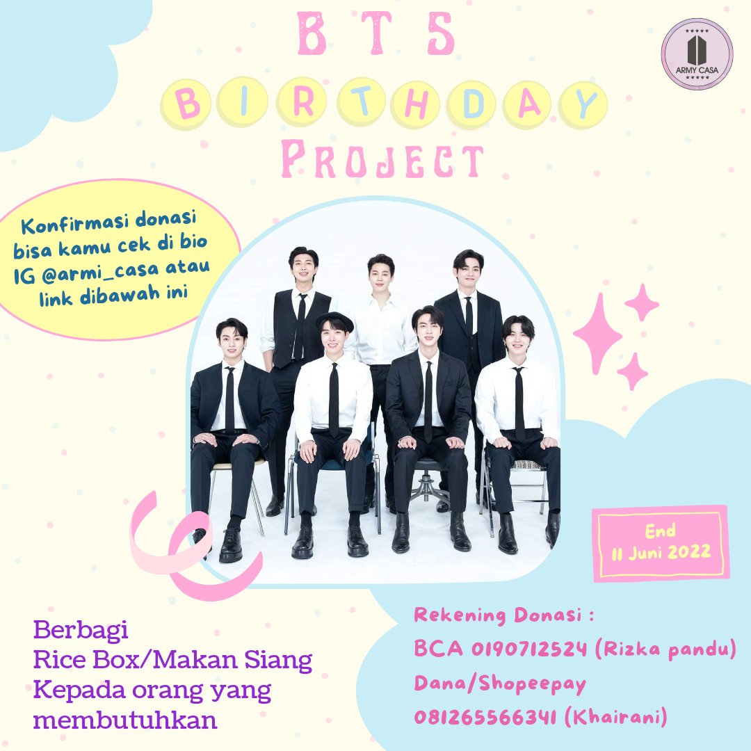 armycasa_'s tweet photo. BTS BIRTHDAY PROJECT

Ayo ikut berpartisipasi dalam rangka memeriahkan ulang tahun BTS yang ke-9. Kamu dapat berbagi kebahagiaan kepada sesama dengan berdonasi dalam project ini, dimana kami akan membagikan makan siang kepada orang orang yang membutuhkan. https://t.co/UrF3UMX7wP