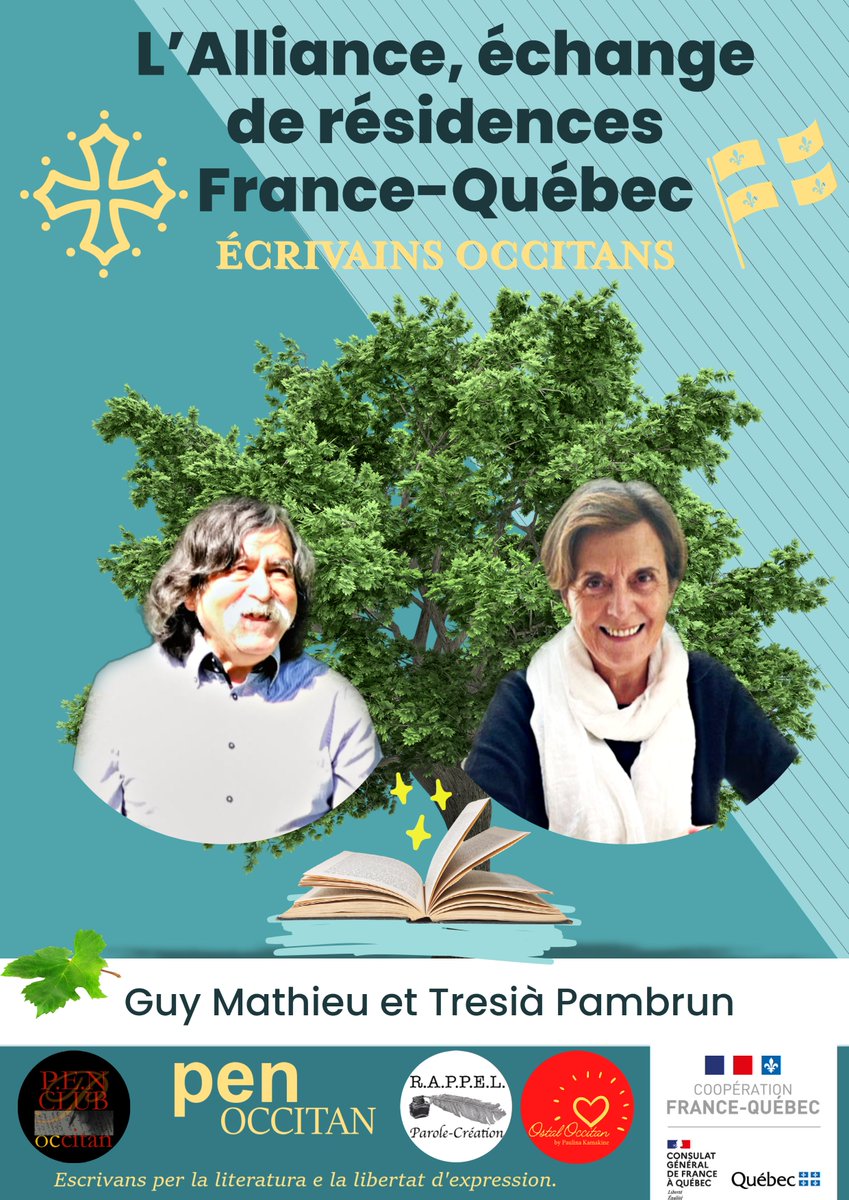 PENOccitan's tweet photo. 📣Nous sommes heureux d'annoncer que les écrivains Tresià Pambrun et Guy Mathieu participeront à "L’Alliance, échange de résidences France-Québec" en sept 2022 !
✒️En partenariat avec l'association Rappel: Parole-Création et le Consulat Général de France à Québec  
 @FranceQC https://t.co/J9scUlaO2q