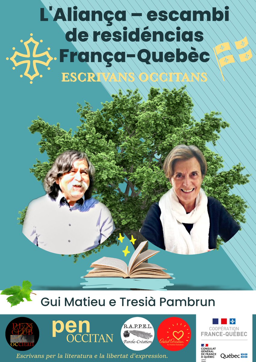 PENOccitan's tweet photo. 📣Nous sommes heureux d'annoncer que les écrivains Tresià Pambrun et Guy Mathieu participeront à "L’Alliance, échange de résidences France-Québec" en sept 2022 !
✒️En partenariat avec l'association Rappel: Parole-Création et le Consulat Général de France à Québec  
 @FranceQC https://t.co/J9scUlaO2q