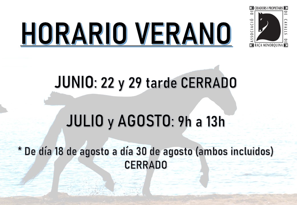 cavallmenorqui's tweet photo. Os publicamos nuestro horario de verano de atención al público.
#caballorazamenorquina #LIBROGENEALOGICO #100x100nuestro #turismomenorca https://t.co/xZyShcQuV9