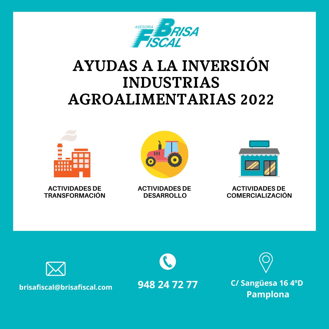 BRISAFISCAL's tweet image. Aprobada la convocatoria 2022 de ayudas a la inversión en industrias agroalimentarias. 
Aquellos interesados podrán tramitar su solicitud hasta el 30/11/2022.
Si necesitan ayuda o recomendación, pueden contactarnos en el 948 24 72 77 o bgrisafiscal@brisafiscal.com

Atentamente.