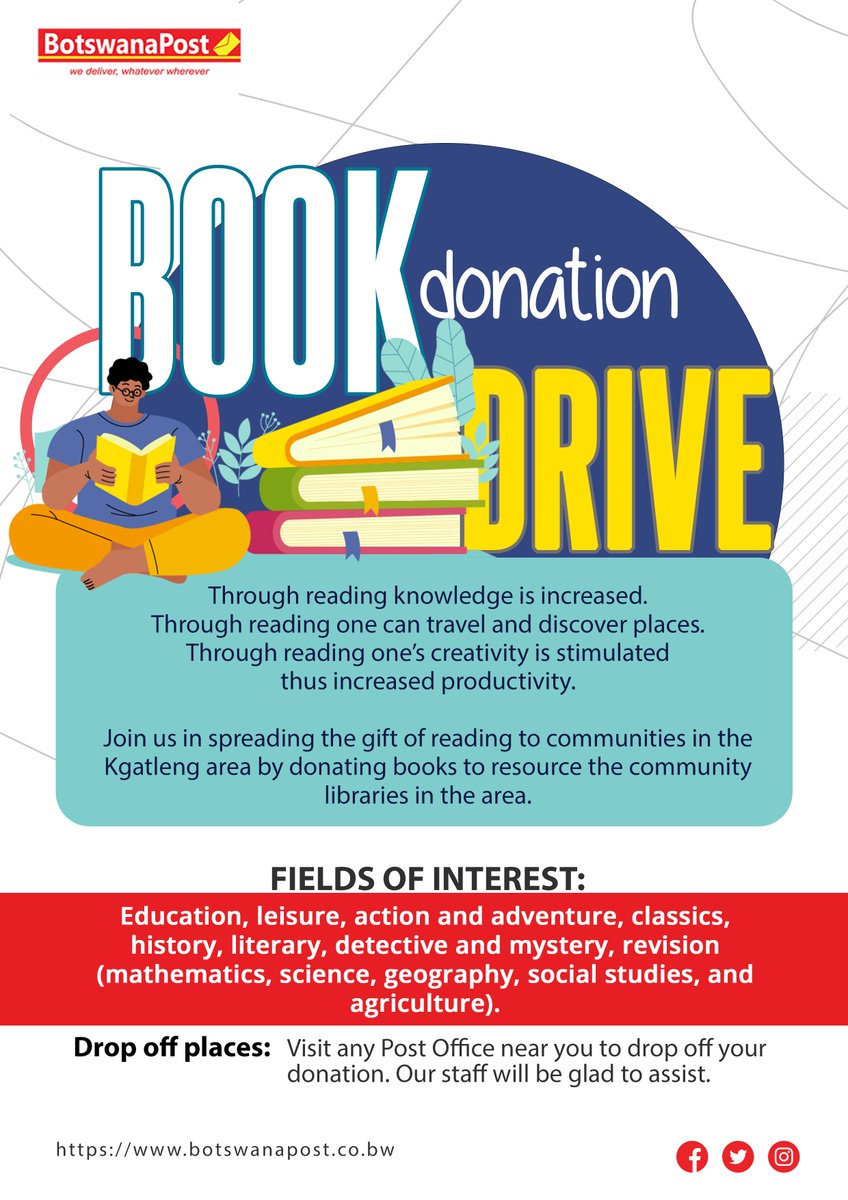 Botswana_Post's tweet photo. Let's celebrate teachers across Botswana by doing our part in giving the gift of knowledge. Join our book drive to resource community and school libraries. https://t.co/szkxDFzXLc