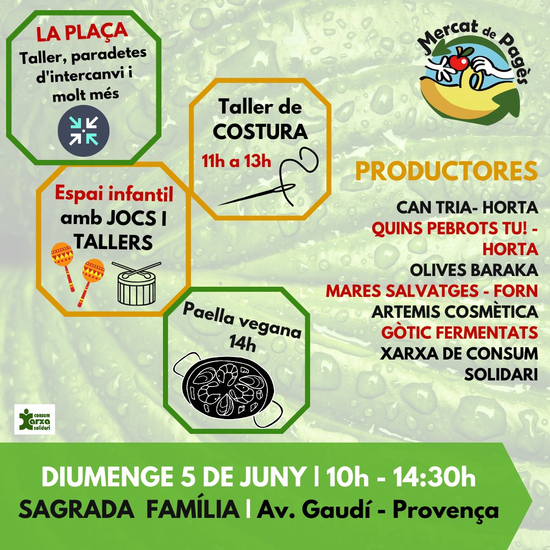 MercatDePages's tweet photo. Diumenge 05/06 de 10h a 14:30h
📌Sagrada Família
·Espai LA PLAÇA: paradetes d'intercanvi i taller de costura
·Espai infantil amb jocs i taller per fer el teu instrument amb materials reciclats
·Amb espai gastronìmic #Tastem i paella vegana a les 14h https://t.co/UtOCn6n0hx