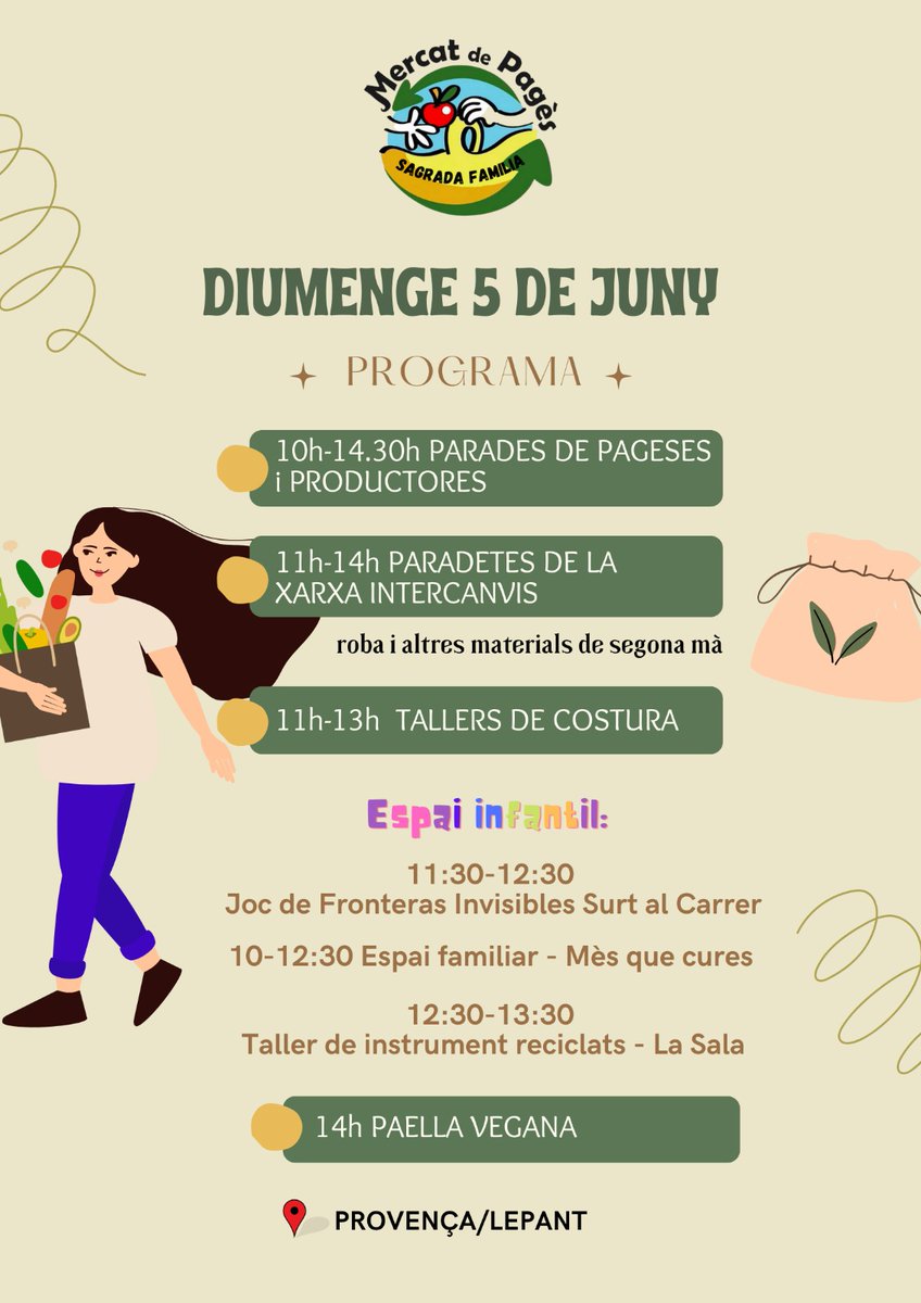 MercatDePages's tweet photo. Diumenge 05/06 de 10h a 14:30h
📌Sagrada Família
·Espai LA PLAÇA: paradetes d'intercanvi i taller de costura
·Espai infantil amb jocs i taller per fer el teu instrument amb materials reciclats
·Amb espai gastronìmic #Tastem i paella vegana a les 14h https://t.co/UtOCn6n0hx