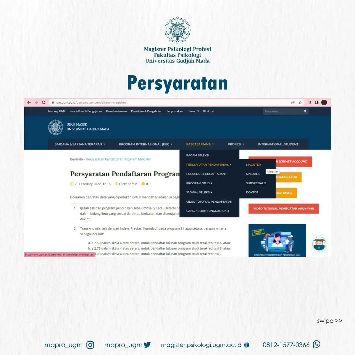 mapro_ugm's tweet image. Penerimaan Mahasiswa Baru Mapro UGM Tahun Ajaran 2022/2023.

Silakan cek informasi lebih lanjut di um.ugm.ac.id

++ Persyaratan tambahan silakan upload pada link: ugm.id/SyaratTmbCamab…
atau buka situs: 
magister.psikologi.ugm.ac.id 

batas upload sampai 17 Juni 2022