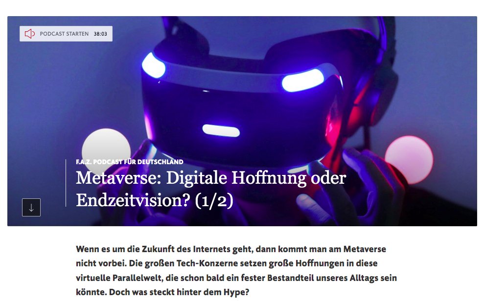 Anna-Verena Nosthoff (@annanosthoff) on Twitter photo Kürzlich war ich zu Gast im 🎧F.A.Z.-Podcast – ab heute online: Es geht um das Metaverse, Plattformmacht, Marketing-Hypes und darum, warum wir jetzt schon regulieren müssen, obwohl wir es immer noch mit einer Zukunftserzählung zu tun haben 👉 <a href="/faznet/">Frankfurter Allgemeine</a>: faz.net/podcasts/f-a-z… Kürzlich war ich zu Gast im 🎧F.A.Z.-Podcast – ab heute online: Es geht um das Metaverse, Plattformmacht, Marketing-Hypes und darum, warum wir jetzt schon regulieren müssen, obwohl wir es immer noch mit einer Zukunftserzählung zu tun haben 👉 <a href="/faznet/">Frankfurter Allgemeine</a>: faz.net/podcasts/f-a-z…