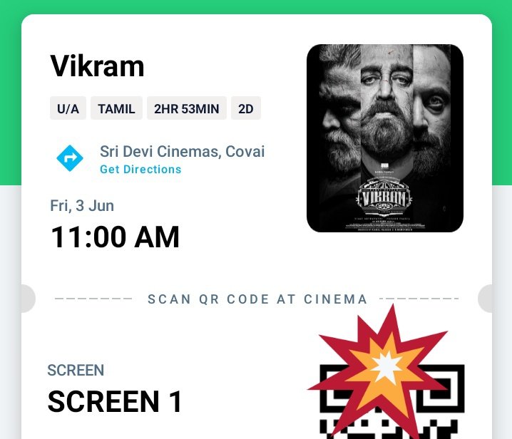 Ragunanthen1992's tweet photo. #ShowTime 📽️: #Vikram - Count 1 💥

#KamalHaasan 🔥 #VikramCount1 ✨
#Theatre2022FilmNo13 🎬:  Sri Devi Cinemas, Puliampatti
(Puliyampatti, @SriDeviCinemas) 
#VikramFDFS #Vikram2022 FDFS @ikamalhaasan https://t.co/qLHQ9P5koh
