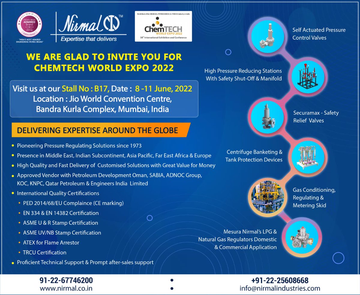 NirmalValves's tweet photo. Nirmal Industrial Controls Pvt Ltd is glad to invite you for Chemtech World Expo 2022

Website: https://t.co/95Qo91GVb7
Email: info@nirmalindustries.com
#NirmalIndustrialControls #SelfActuatedPressureControlValve
#NirmalValves #NirmalSkids #ChemtechWorldExpo https://t.co/RwOPA1aunF