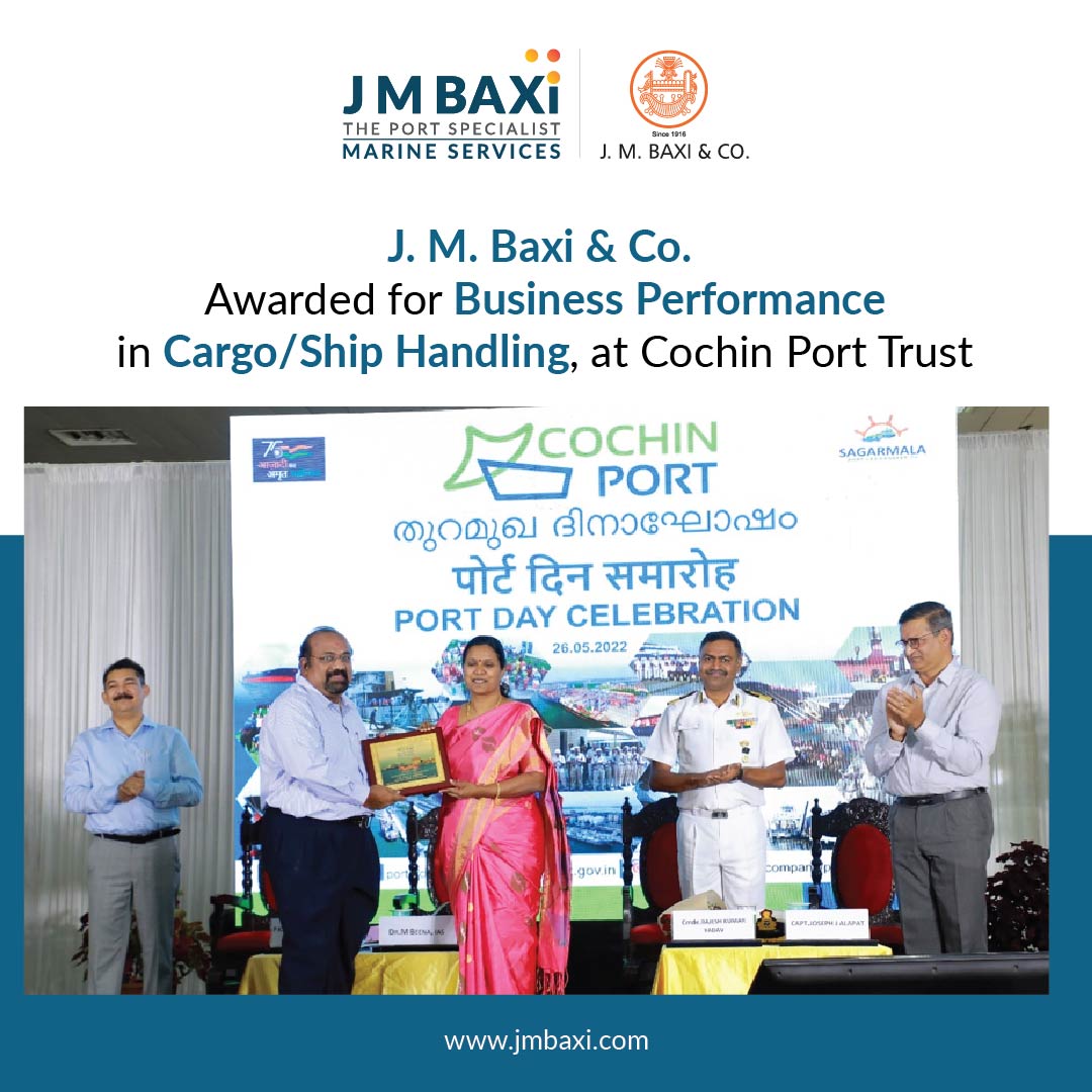 jmbaxigroup's tweet photo. Cochin Port Authority, has awarded J. M. Baxi &amp; Co. for excellence in business performance (2021-22) in cargo/ship handling. The award was presented on 26th May during the Port Day Celebrations at Cochin Port Trust.
#JMBaxi #JMBaxiandCo https://t.co/SZN2bmf7Zx