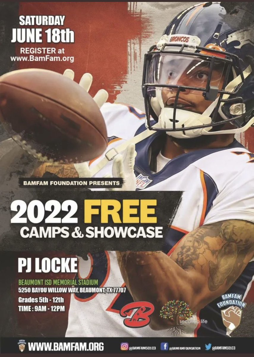 wbladyhoops's tweet photo. PJ Locke (@PjLocke4) invites 5th-12th grade student athletes to attend his 2022 camp and showcase June 18th at the Beaumont ISD Memorial Stadium. RSVP now at https://t.co/WL9zEK572B https://t.co/e8wexl4kon