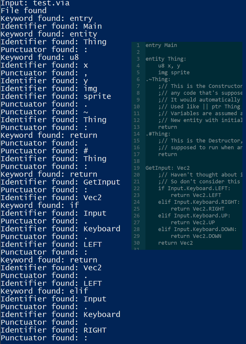 Trying something new again, but this time, I'm trying to make my own programming language. I call it Via and it will be a compiled language, inspired mostly by Assembly, C, and GDscript/Python. I'm making the compiler in pure C, which is fun
Obviously, WIP is subject to change