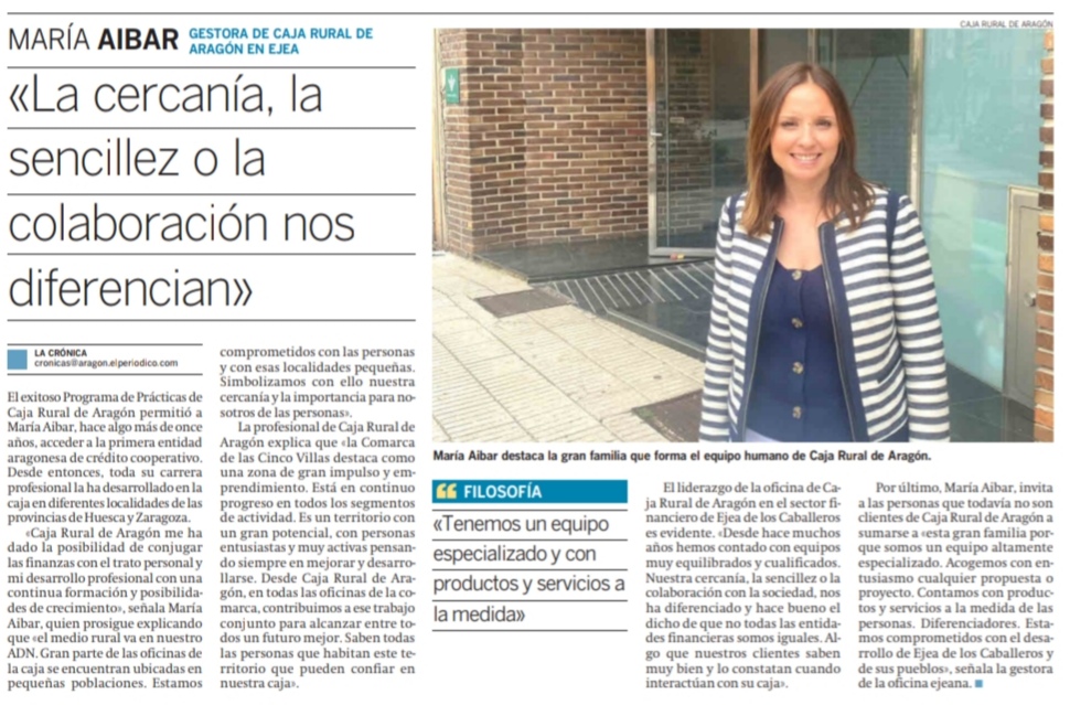 CajaRuralAragon's tweet photo. 🗣️ "La cercanía, la sencillez o la colaboración nos diferencian"

María Aibar, gestora de @CajaRuralAragon en Ejea de los Caballeros, explica en 📰 Crónica de Ejea y sus pueblos @periodicoaragon cómo ayudamos a las personas

+ info 👉 https://t.co/v6fQhdzQcu https://t.co/uKRlKlzNpF