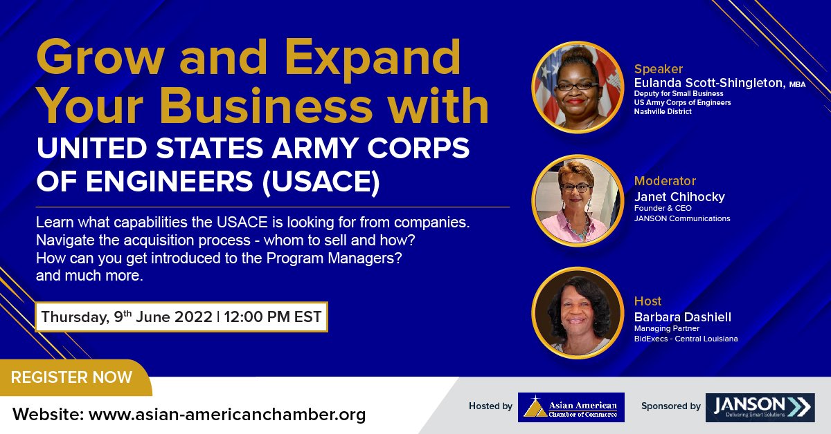 AsianAmCham's tweet image. Register now bit.ly/3PZtPPy for the webinar Grow and Expand Your Business with the United States Army Corps of Engineers
#proposalhelper #bidexecs #USACE #AACC #AACCEvents #AsianAmericanChamberOfCommerce #virtualevent #webinar #webinar2022 #business #smallbusiness #ceo