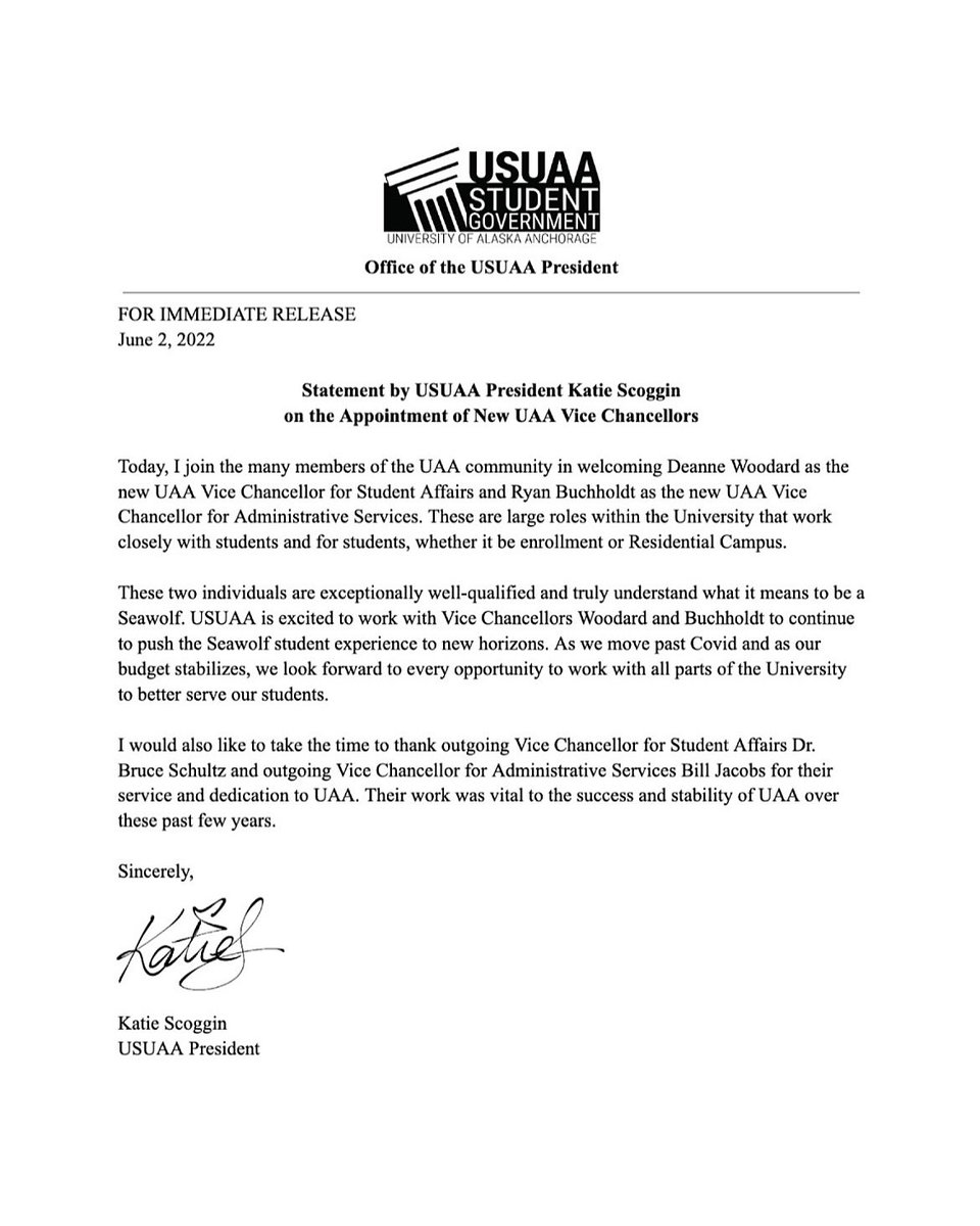 USUAA's tweet photo. Please see USUAA President Scoggin’s Statement on UAA’s new Vice Chancellors. https://t.co/ndeNbw5PaO