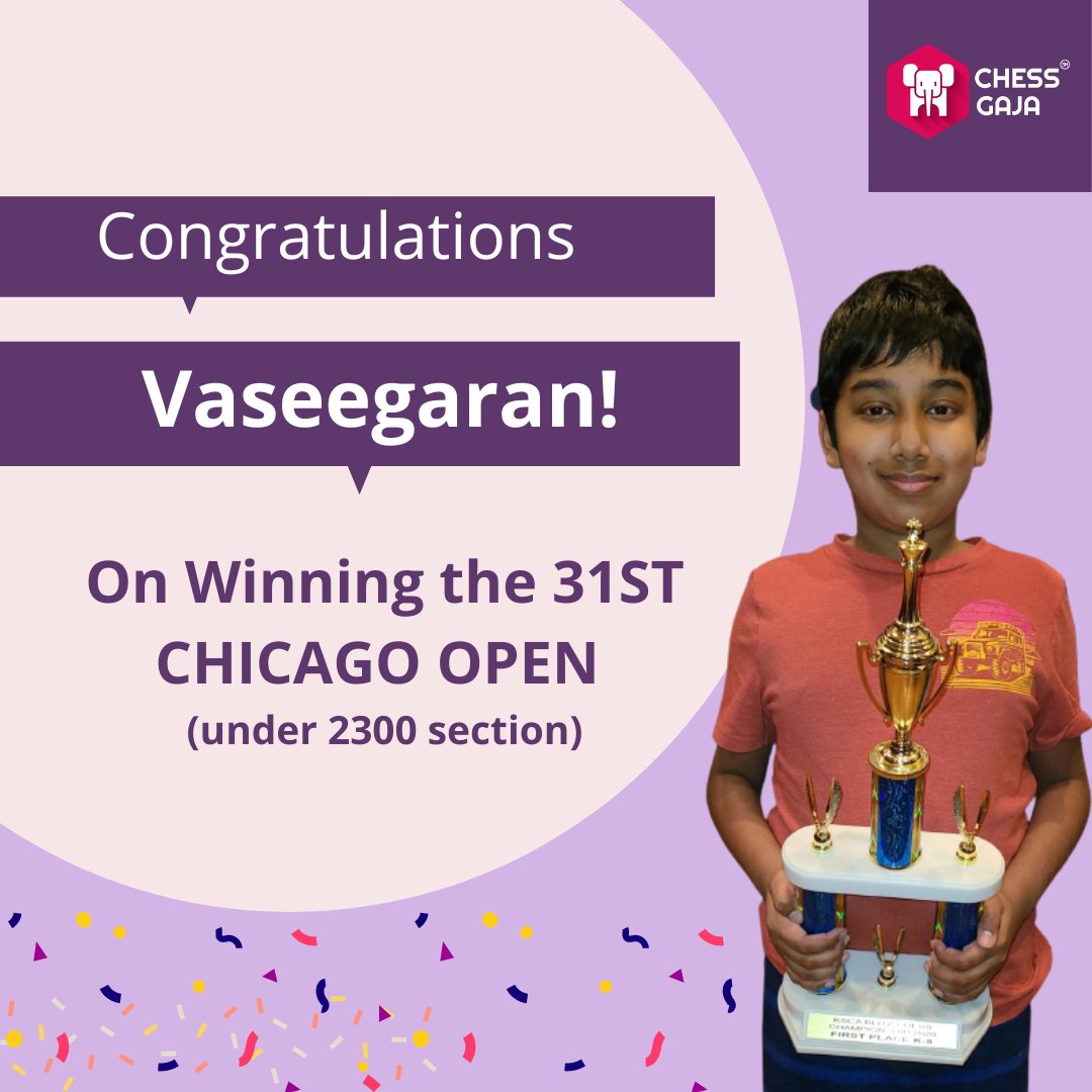 ChessGaja's tweet image. Excellent Performance by our student Vaseegaran at the 31st Chicago Open (under 2300 section).
#chess #chessgame #chesslesson #chessonline #studentsuccess #chessgaja #chicagoopen