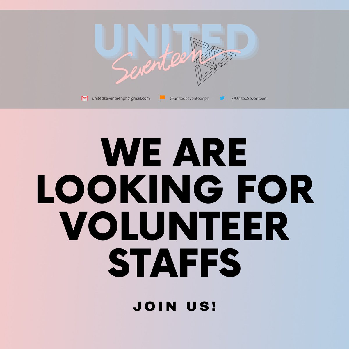 UnitedSeventeen's tweet photo. [📢] STAFF HIRING : Event Volunteers

As we are preparing for an event we are in a process of hiring volunteers that can help us in our preparation.

Application form and other details will be posted tomorrow at 8 AM.

Our team is looking forward to working with you! https://t.co/fOWiVmtrUY