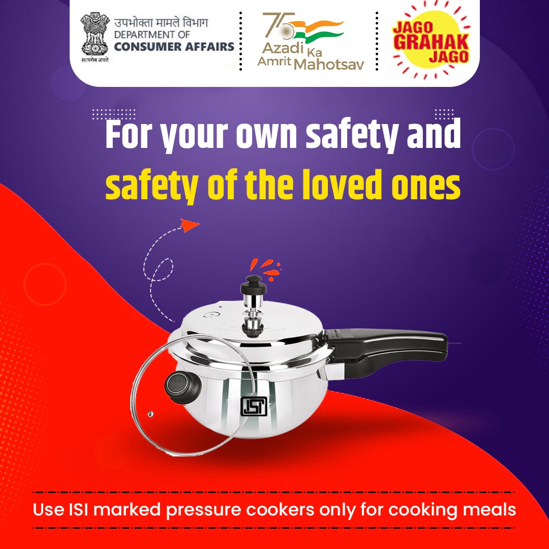 For your own safety and safety of your loved ones - Use ISI marked pressure cookers only for cooking meals. #JagoGrahakJago #quality #safety #consumer #awareness #AzadiKaAmritMahotsav @PiyushGoyal @SadhviNiranjan @AshwiniKChoubey