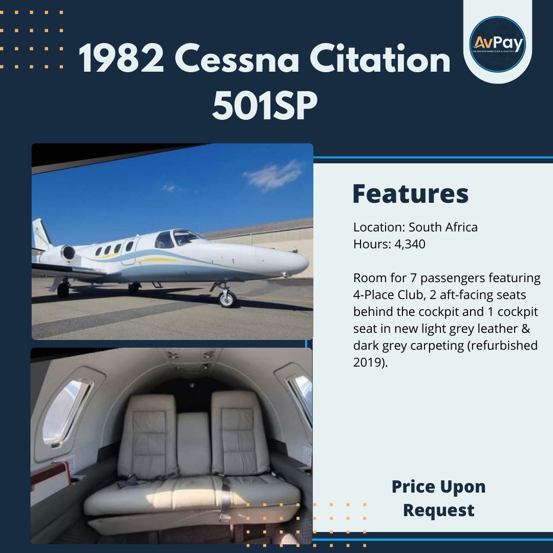 Full details at avpay.aero/company/aviati…

#cessna #citation #cessnacitation #pilotlife #airplane #aircraftsales #aircraftforsale #avpay #aircraft #pilots