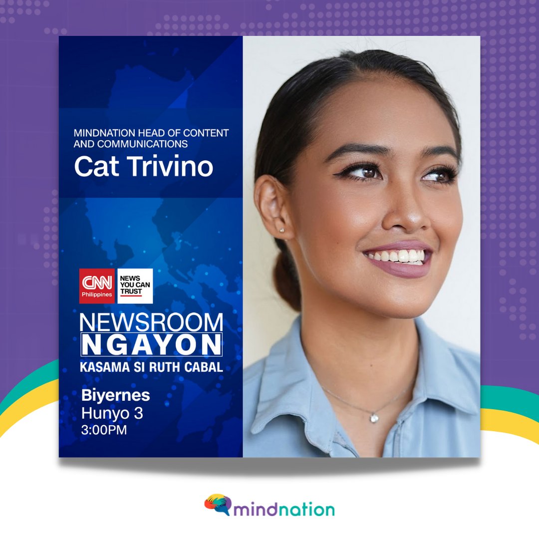 mindnation's tweet photo. MINDNATION IN THE NEWS: Catch #MindNation Head of Content and Communications Cat Triviรฑo as she speaks with @cnnphilippines live with Ruth Cabal on dealing with post-election stress and mental health today at 3pm #NewsroomNgayon! ๐
#MentalHealth #EAP #EaseTheAnxiety https://t.co/X19skpRmnK