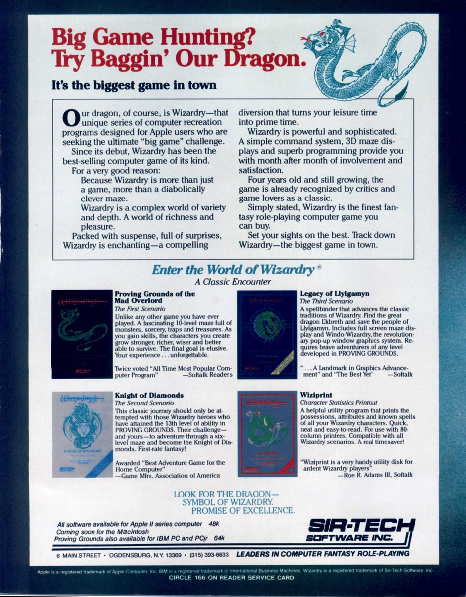 TakodanTweets's tweet photo. 1985 ad by #SirTech and their #Wizardry series on #AppleII #Macintosh and #PC https://t.co/be0gNJ2hkg