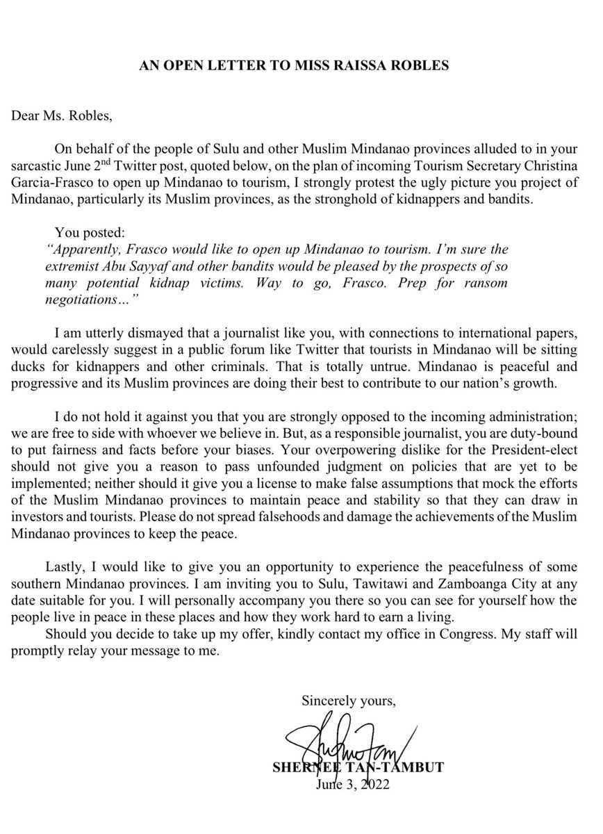 MJ__Mondejar's tweet photo. READ: Kusog Tausug Rep. Shernee Tan’s open letter to @raissawriter on her ‘sarcastic June 2nd Twitter post’ against muslim provinces.

‘I am utterly dismayed,’ she said to Robles. | @smninews @DZAR1026 https://t.co/XMqkqzp9sI