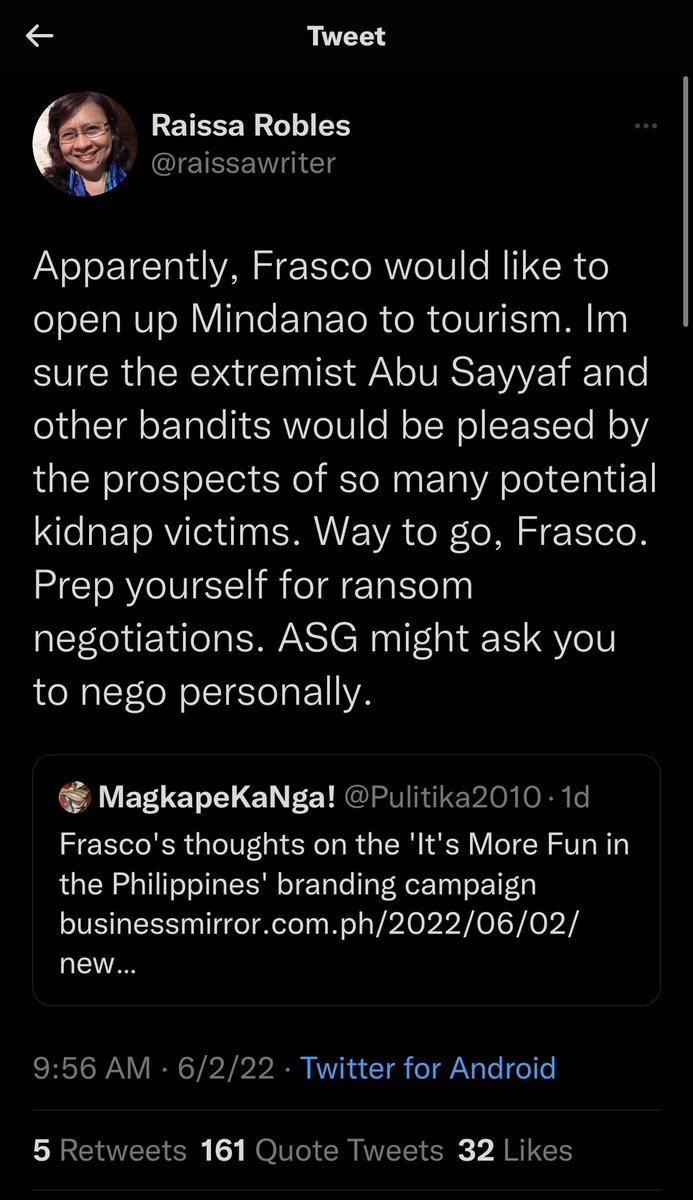 MJ__Mondejar's tweet photo. READ: Kusog Tausug Rep. Shernee Tan’s open letter to @raissawriter on her ‘sarcastic June 2nd Twitter post’ against muslim provinces.

‘I am utterly dismayed,’ she said to Robles. | @smninews @DZAR1026 https://t.co/XMqkqzp9sI