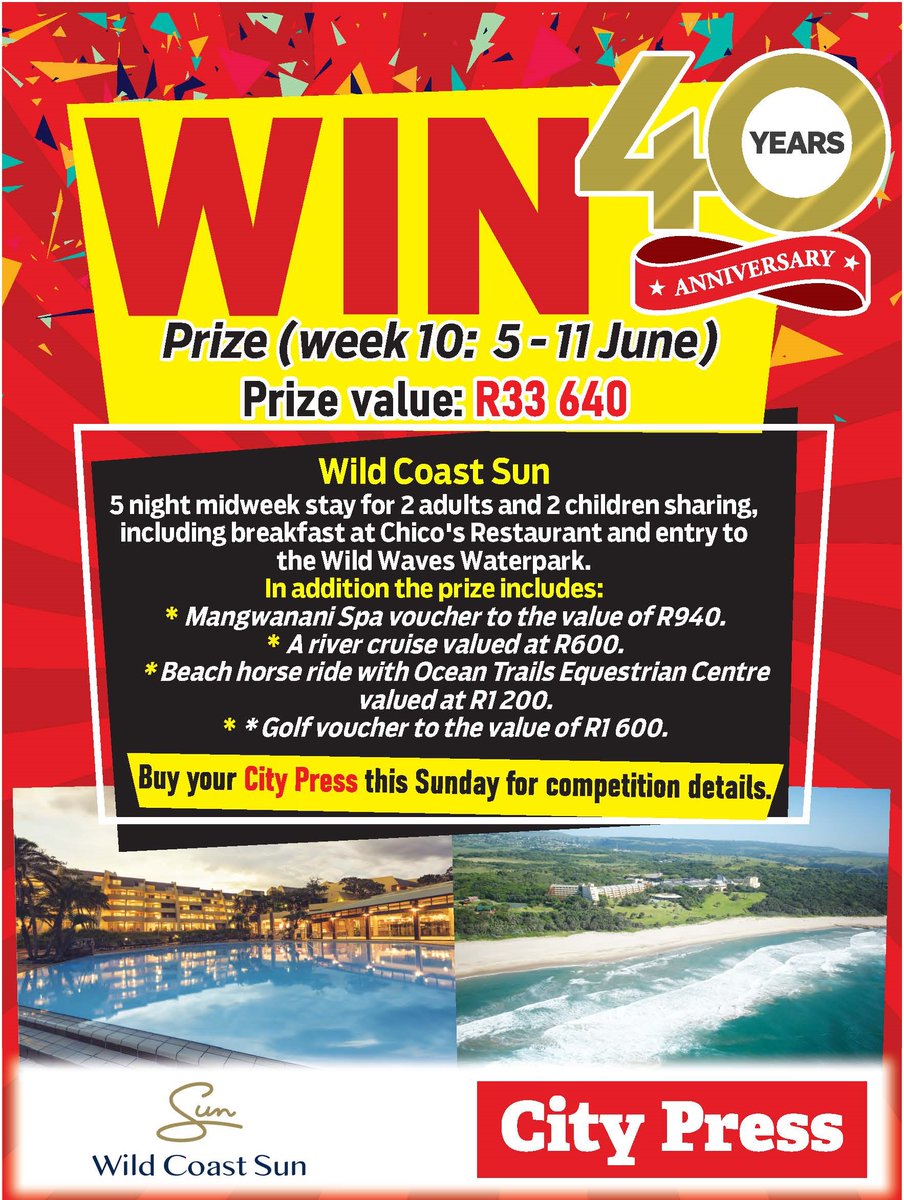 City_Press's tweet photo. If your thought our 40th anniversary getaways could not get any better, think again! Buy your City Press on Sunday for competition details and stand the chance to win a spectacular five night midweek stay for two adults and two children at @TheWildCoastSun.
#CP40 https://t.co/F7F1xMhMlX