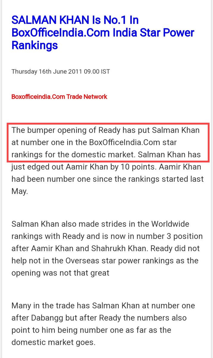 #11YearsOfReady
Sharing this article for the 1st time on Twitter where @Box_Off_India had declared Ready Bumper Opener.

As said before, In total, There are around 20 Bumper Openers of #SalmanKhan & BOI has tried to belittle some.