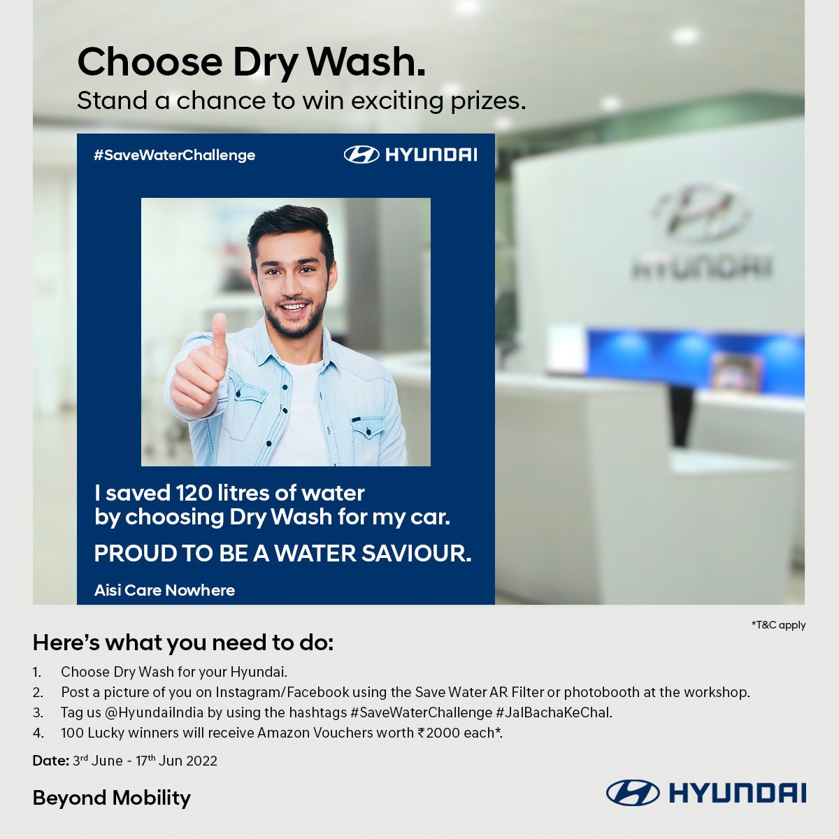HyundaiBalaji's tweet photo. Take a step towards a sustainable future by choosing Dry Wash for your Hyundai Car. Participate in our #SaveWaterChallenge and follow these simple steps to support us:​
​* T&amp;C Apply. 
To know more, click here: https://t.co/NlZYF8x9jE https://t.co/h94gdxm6Cr
