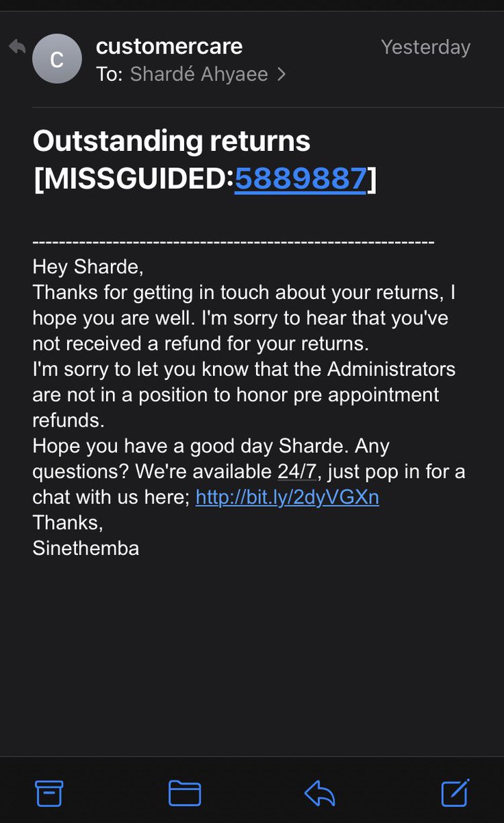 Shardz22's tweet photo. @justtracy @Missguided_help I finally received an email from them about returns from May 10th saying they won’t process any refunds from before they went into administration… https://t.co/YaHH8gVKbz