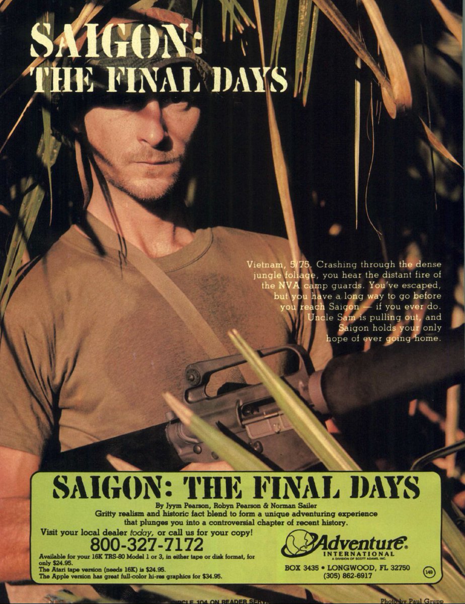 TakodanTweets's tweet photo. 1983 ad for the game 'Saigon: The Final Days' by #AdventureInternational on #TRS80 #Apple and #Atari https://t.co/3ZlzBS4qKI