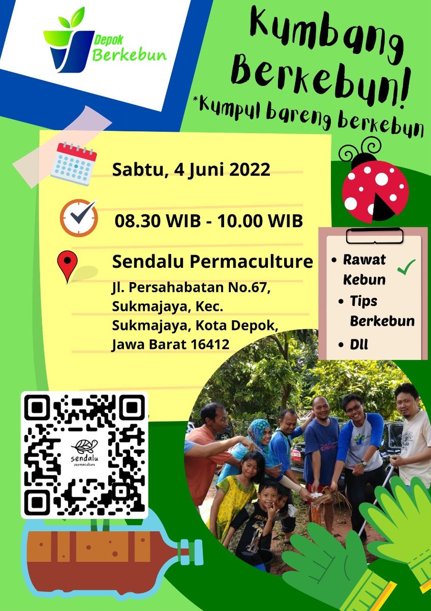 Yuk berweekend seru dengan Kumbang Berkebun
kumpul bareng berkebun
Sabtu 4 Jun 22
Jam 8:30-10:00
Lokasi Sendalu Permakultur
Agenda
#rawatkebun 
#sharingtipsberkebun 
#berkebunminimalis
Terbuka unt umum 
<a href="/IDberkebun/">Indonesia Berkebun</a>