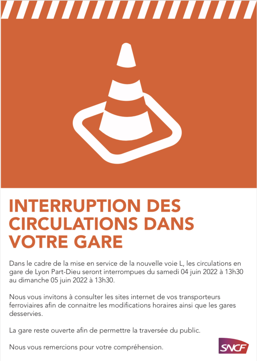 🚧Info travaux en #GareDeLyonPartDieu : afin de permettre la mise en service de la voie L, les circulations seront interrompues du samedi 4 juin 13h30 au dimanche 5 juin 13h30. Certains horaires ⏱️des commerces et services peuvent être modifiés, mais la gare🚉 reste ouverte.