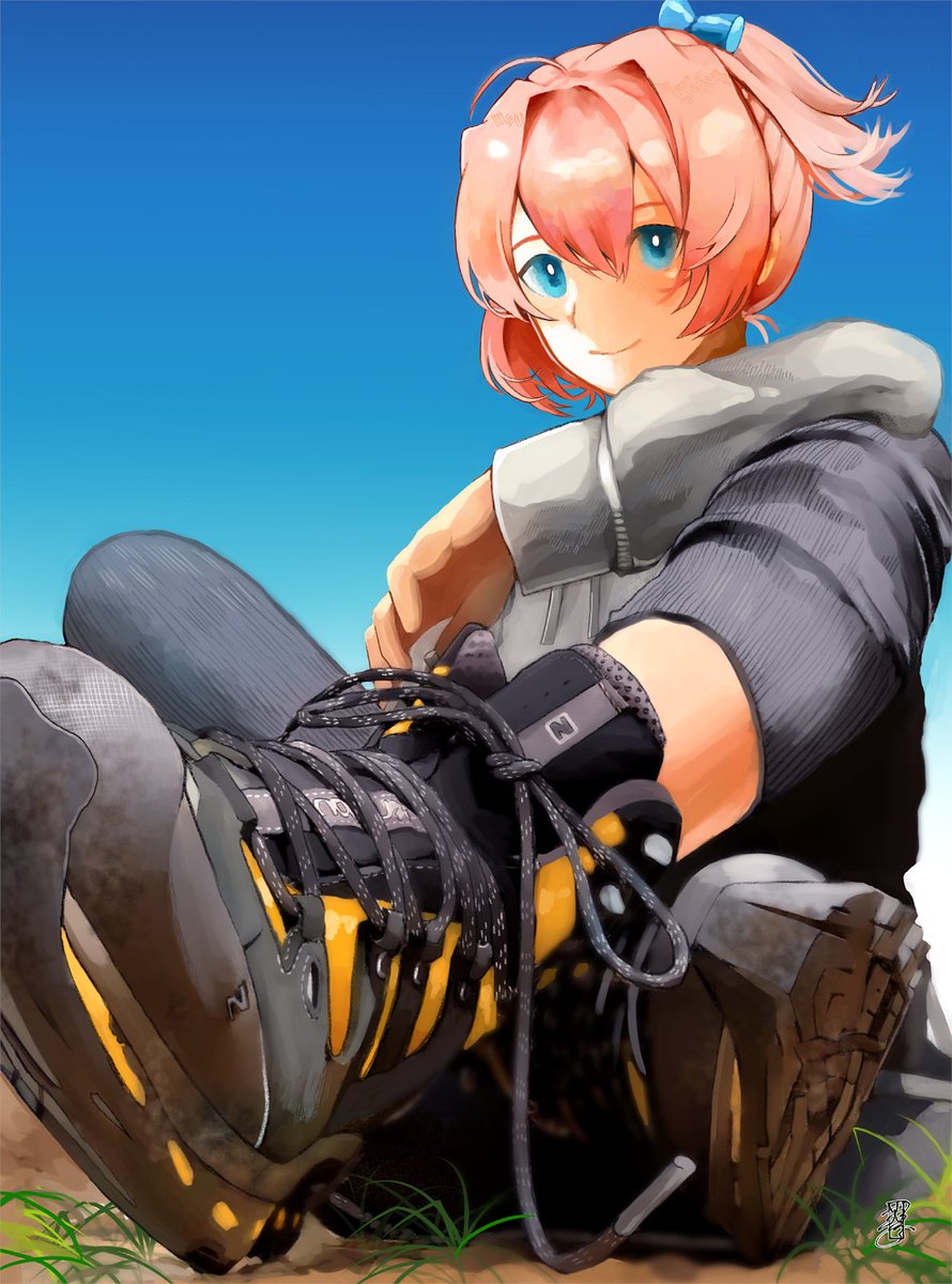 shiranui (kancolle) 1girl solo pink hair ponytail sneakers blue eyes sitting  illustration images