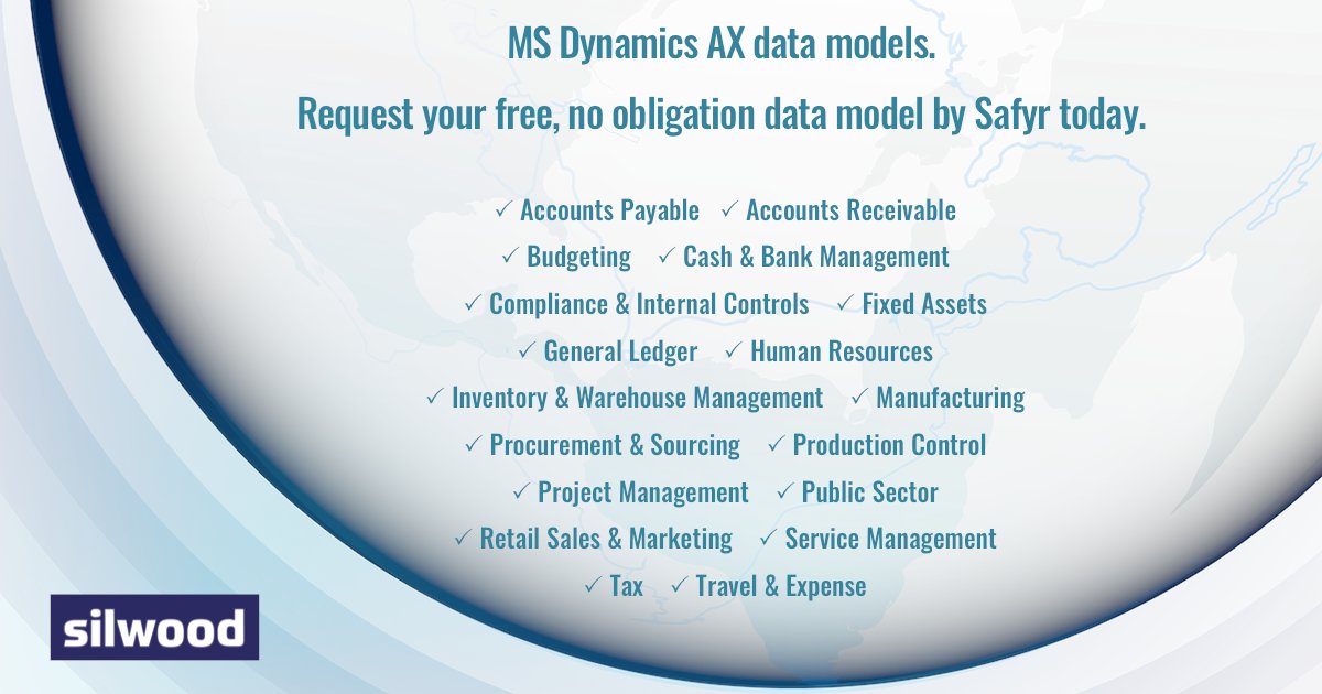 Silwood_Safyr's tweet photo. MS Dynamics AX data models. Request your free, no obligation data model by Safyr today. https://t.co/HcJoys5Plp #DynamicsAX #MSDynAX #DataModel #DataModeling https://t.co/t5yrbbizkQ
