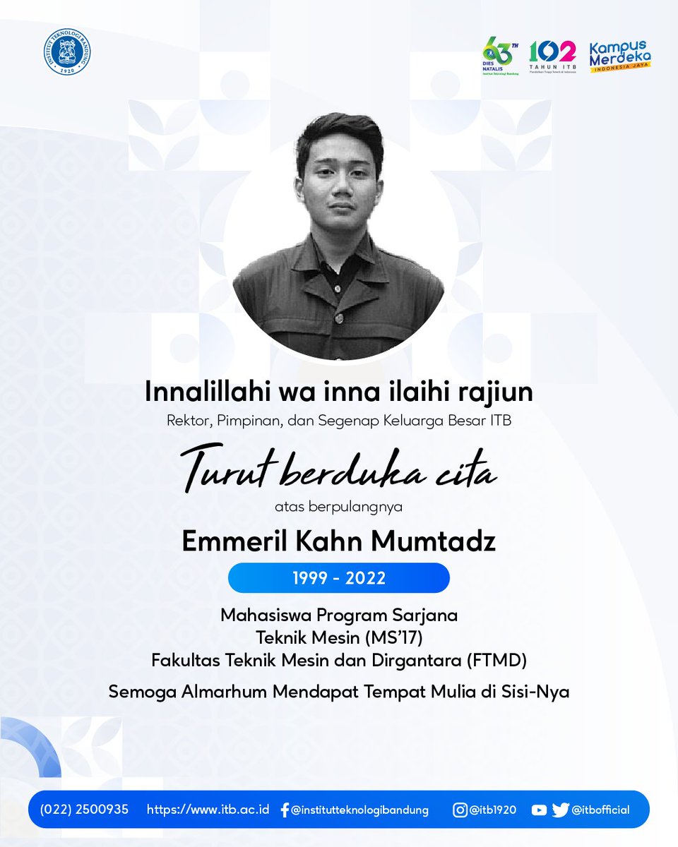 Rektor, Pimpinan, dan Segenap Keluarga Besar ITB turut berduka cita atas berpulangnya Emmeril Kahn Mumtadz, Mahasiswa Program Sarjana Fakultas Teknik Mesin dan Dirgantara (FTMD). Semoga Almarhum mendapat tempat mulia di sisi-Nya.

#Beritaduka