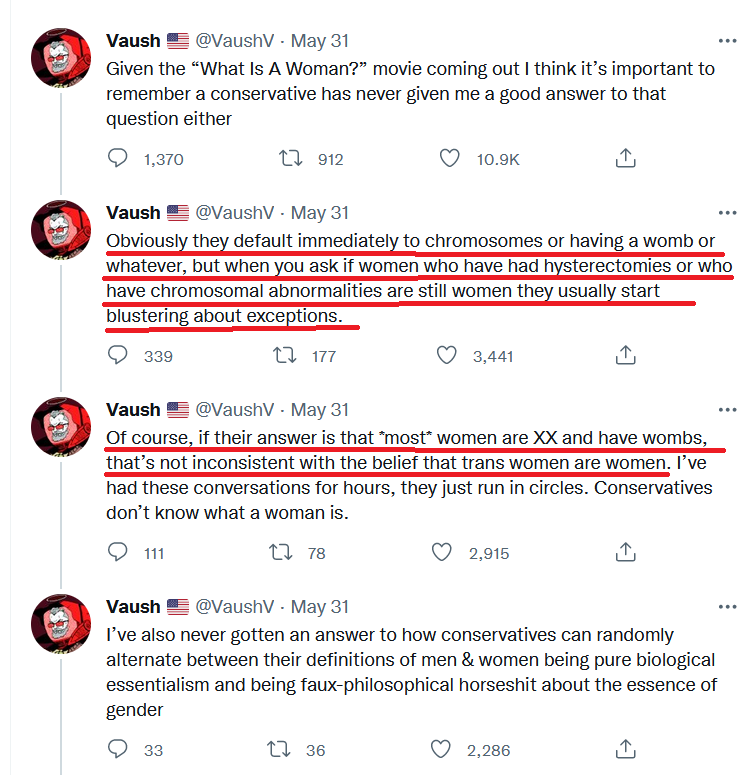 24/A nice example of this strategy come to us from  @VaushV Here, he shows us an example of attacking the definition of "woman" by attempting to show that there are border line cases that we can't account for.Here is his argument: