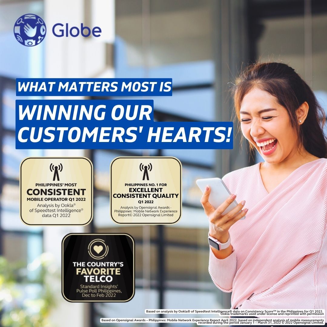 PhilstarStyle's tweet photo. Back to back to back ang panalo! Globe wins its customers’ hearts after being hailed as the Philippines’ Favorite Telco by Standard Insights' Pulse Poll Philippines. #AtinAngMundo #1stWorldNetwork #OneDigitalPH https://t.co/MJWYHd2Hum