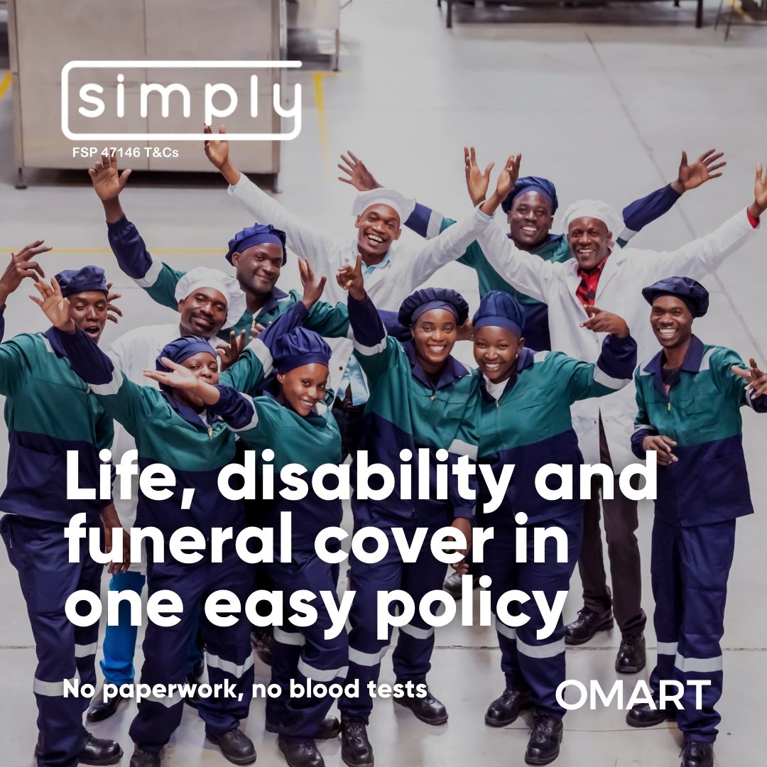 Simply Staff Cover offers life, disability and funeral cover in one affordable and convenient policy for you and your people 💙👷💼.

Products underwritten by Old Mutual Alternative Risk Transfer Limited, a licensed life insurer.
FSP 47146. T&amp;Cs.
simply.co.za