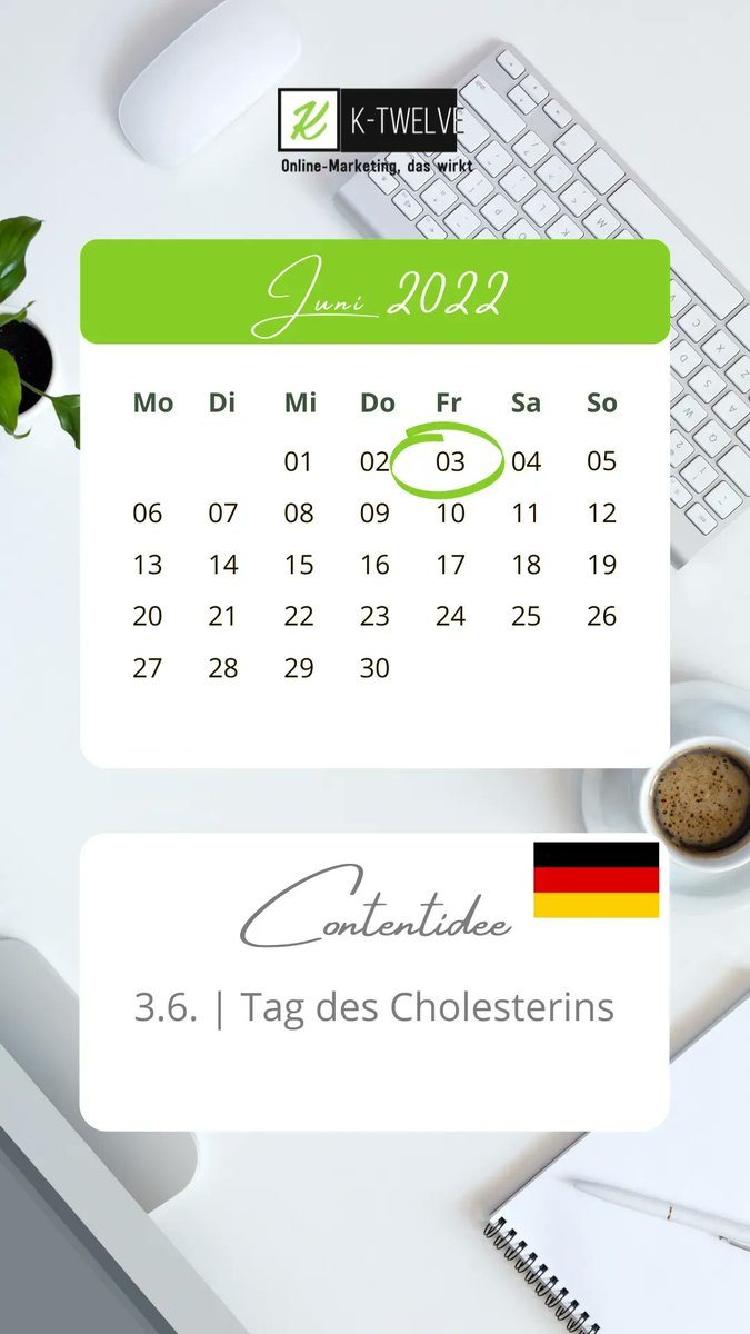 K12_OMarketing's tweet photo. Daily content idea 💡
Das gibt es nur in Deutschland: Tag des Cholesterins
#contentidee #content #dailycontent #ktwelve #OnlineMarketing #marketingagentur #franken #ebermannstadt #forchheim #bamberg #bayreuth #nuernberg #juni3 #june3rd #2juni #cholesterin https://t.co/pvzrV9wmSZ