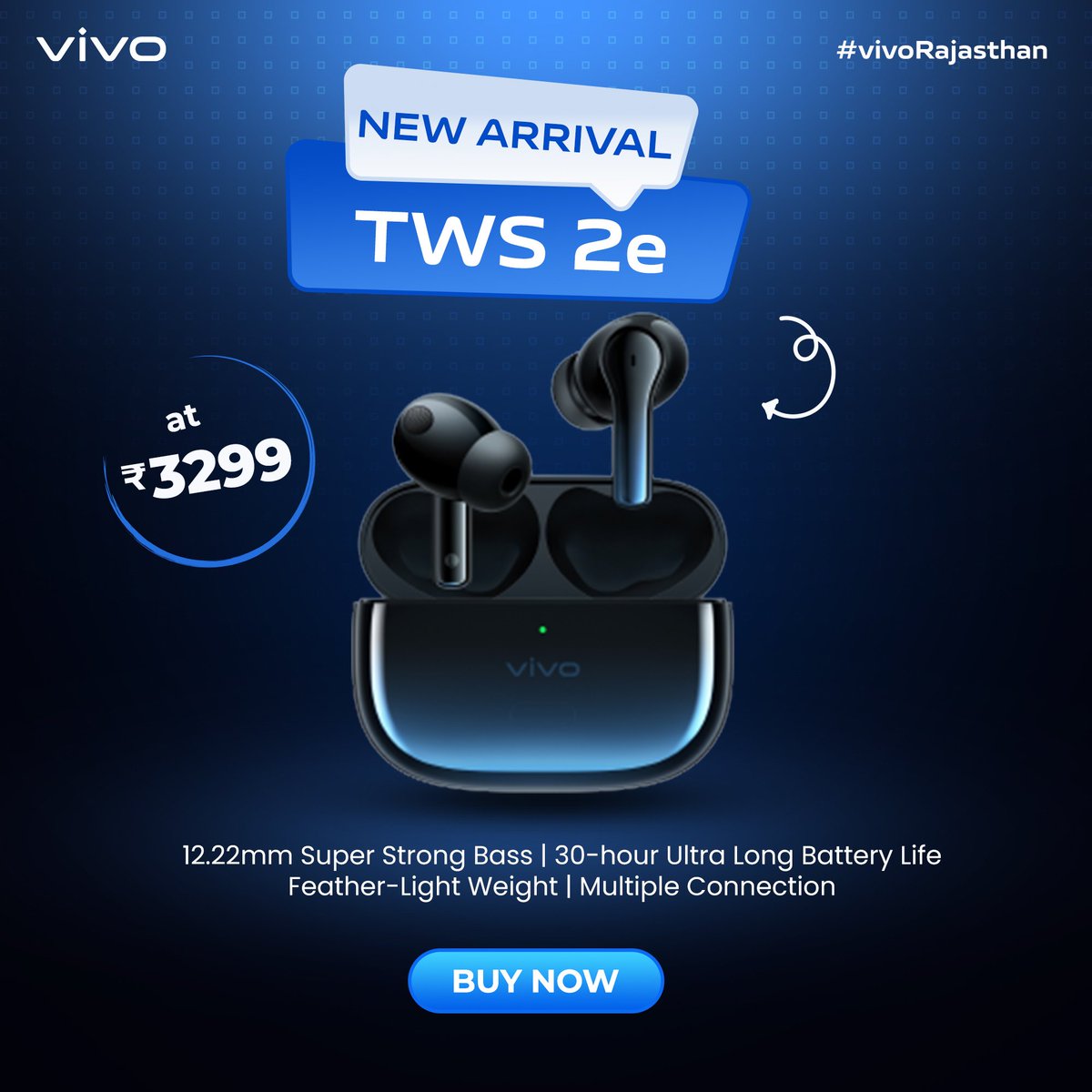 Vivo_Rajasthan's tweet photo. Does music drive you?
Give yourself the treat of #vivoTWS 2e with super-strong bass and super comfortable for being feather lightweight.
Enjoy the beats for up to 30hours in a single charge available for INR3299/- only.
Visit your nearest store today.
#vivoRajasthan https://t.co/U00UgwNSA3