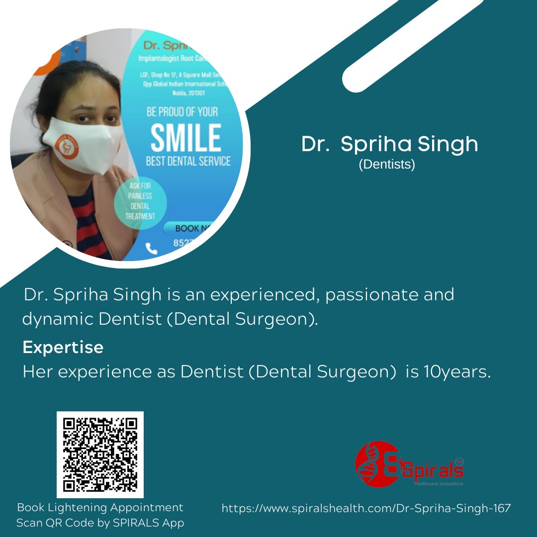 👉 Dr. Spriha Singh is an experienced, passionate, and dynamic Dentist (Dental Surgeon).
👉 Her experience as a Dentist (Dental Surgeon) is 10 years.
#sprialshealth #dentists #dentistslife #dentofinstagram #dentiststudent #dentistisofinsta #dentistica #denstistsofig #oralhealth