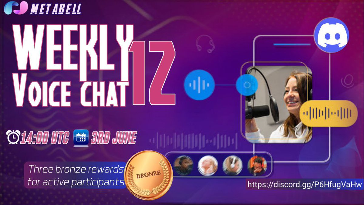 MetaBellSpace's tweet image. 🔥#MetaBell #WeeklyChat 1️⃣2️⃣

⏰14:00 UTC Friday
🗓 June 3rd, 2022
🔊discord.gg/P6HfugVaHw
✅ RT/❤️
🔥Discuss Metaverse and MetaBell
🔥3 Bronze Medals each for 3 active participants 🤑

#Web3 #NFT #XR #AR #VR #GameFi #UGC