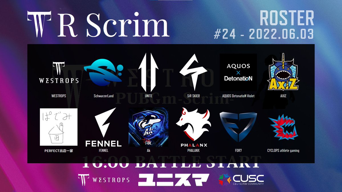 westrops_jp's tweet photo. 2022-06-03
WRScrim #24 ROSTER

16:00~ 4戦 START-----------------

#WRScrim #ユニスマ https://t.co/AYvdhhQoT6