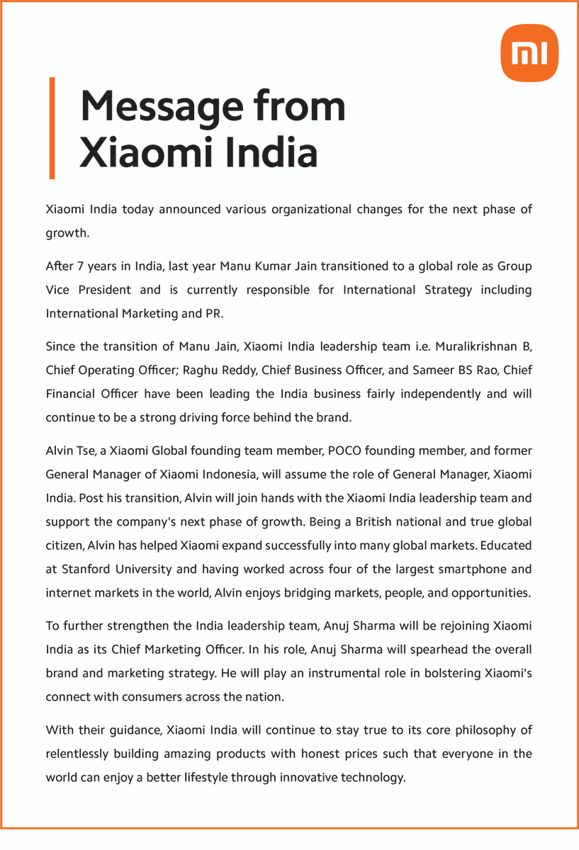 XiaomiIndia's tweet photo. Mi Fans, here are some important announcements for the next phase of growth. 🙏

Always believe that something wonderful is about to happen. #Xiaomi https://t.co/fjvfwJfMp2