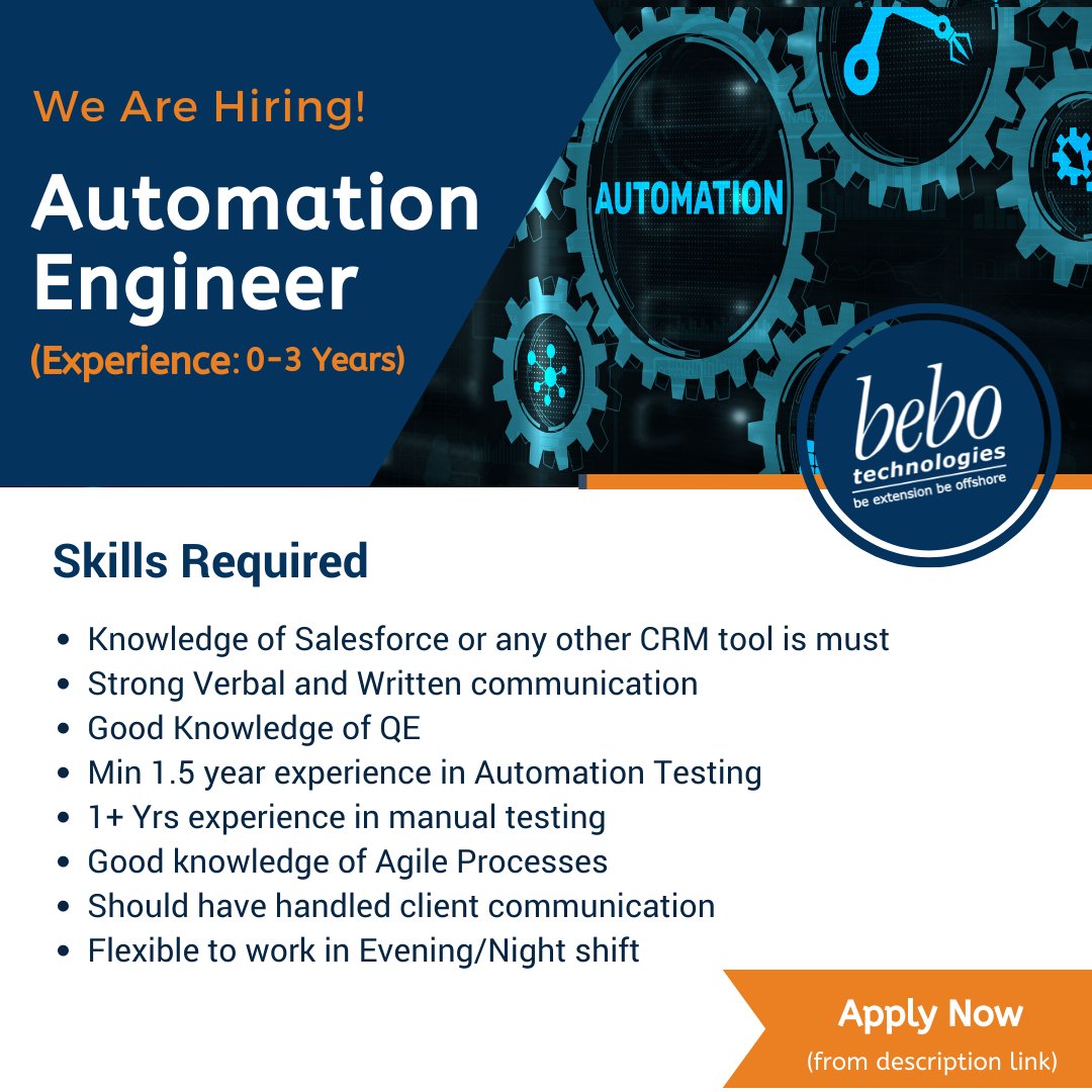 bebotechchd's tweet photo. We at bebo, a rapidly growing company, are always looking for talented, passionate, and creative people to join our team.
Apply here: https://t.co/uO23F71UD2
#bebotechnologies #bebo #bebohiring #hiringalert #automationengineer #automationjob https://t.co/0YfOAkZVu7