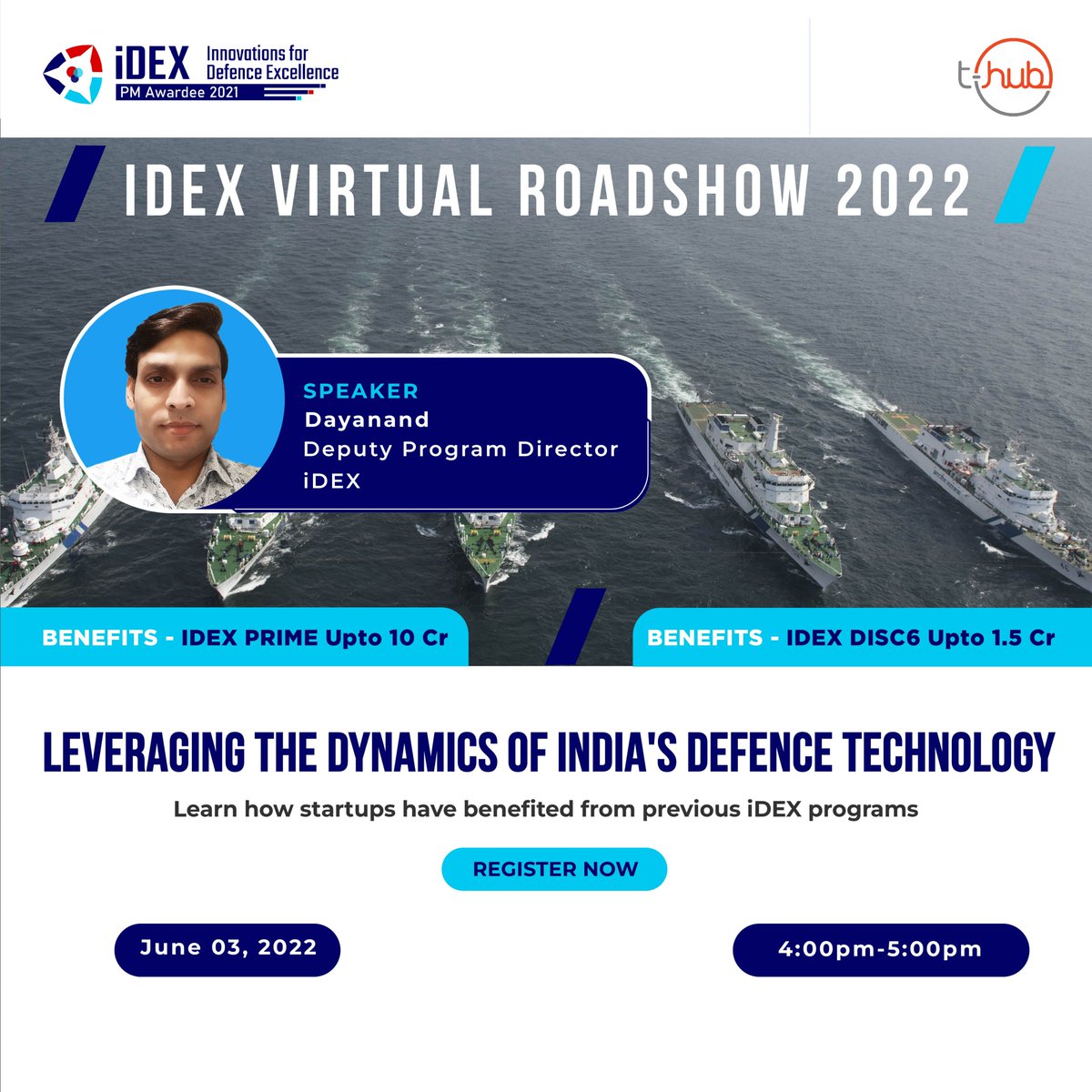 THubHyd's tweet photo. Happening today!
Register for "iDEX Virtual Roadshow 2022", https://t.co/OgwdrPPE2j.
Dayanand, Deputy Program Director, @India_iDEX will shed light on how startups can leverage iDEX #DISC6 & #PRIME challenges and contribute to #AatmanirbharBharat.
#InnovationEcosystem https://t.co/p8PvHw9cUz