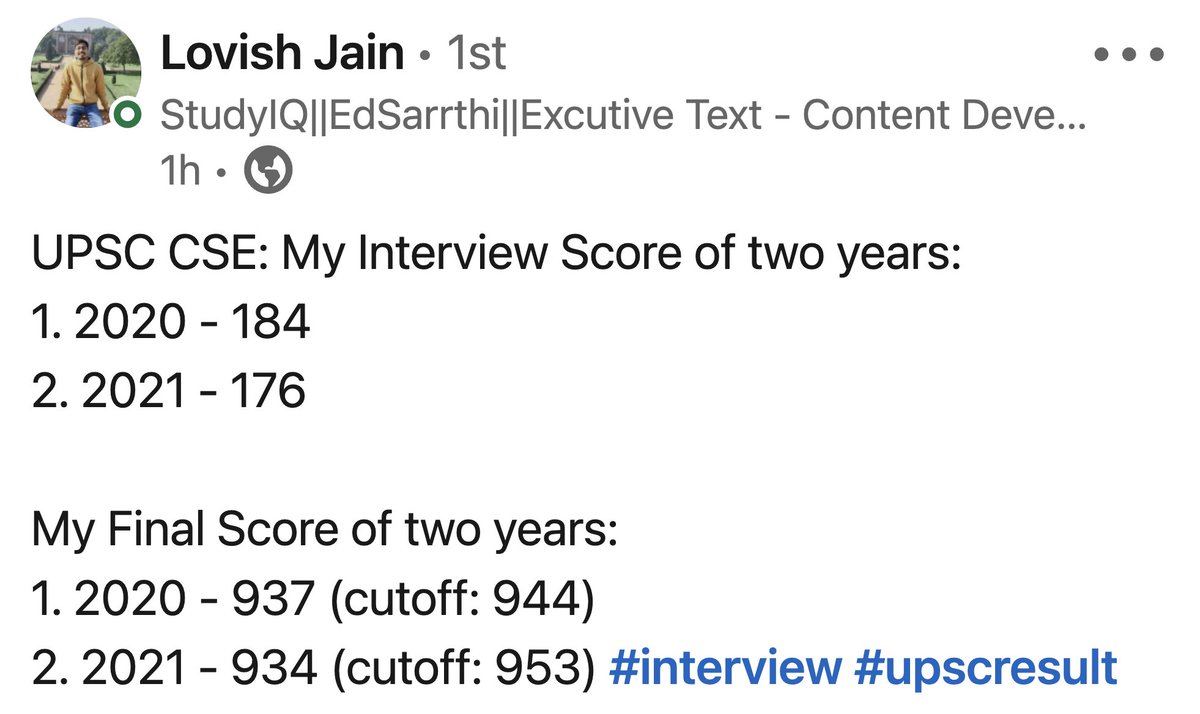 DrGauravGarg4's tweet photo. Lovish is the most hard working guy in my current affairs team. He missed UPSC seat 2 years in a row with such small margin. Last year by 7 marks and this year by 19 marks. 
Unlucky but I have no doubt he will come good next year. Proud of you. Keep working. https://t.co/mgPDWrgfLA