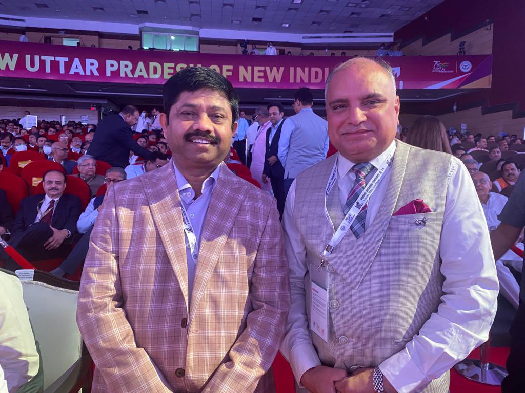JBMUniversity's tweet photo. Shri Gurudutt Arora, President (JBM Educational Group) with Shri Nand Gopal Nandi Ji, Minister of Industrial Development, Govt of UP at Ground Breaking Ceremony 3.0 of Invest UP Investors Summit 2022 today on 4”3rd June 2022 at Indira Gandhi Pratishthan, Lucknow #InvestUP #GBC3 https://t.co/xGqwSrmkmm
